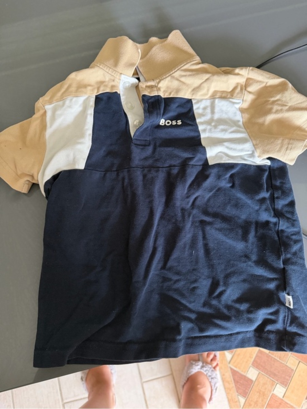 Boss Kids Colorblock Polo in Navy, White & Beige